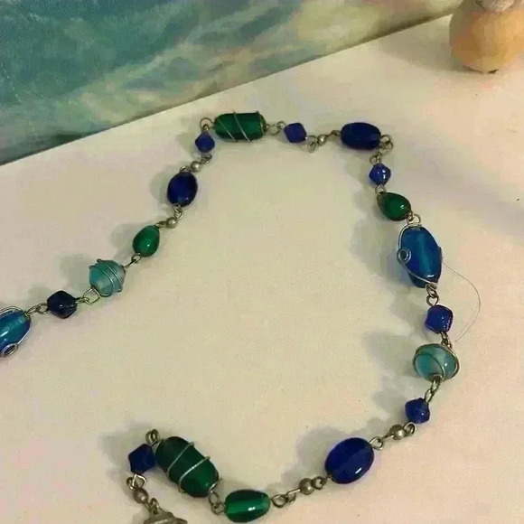 Blue Green Long Vintage Beaded Silver Tone Glass Necklace 30” - Picture 8 of 13